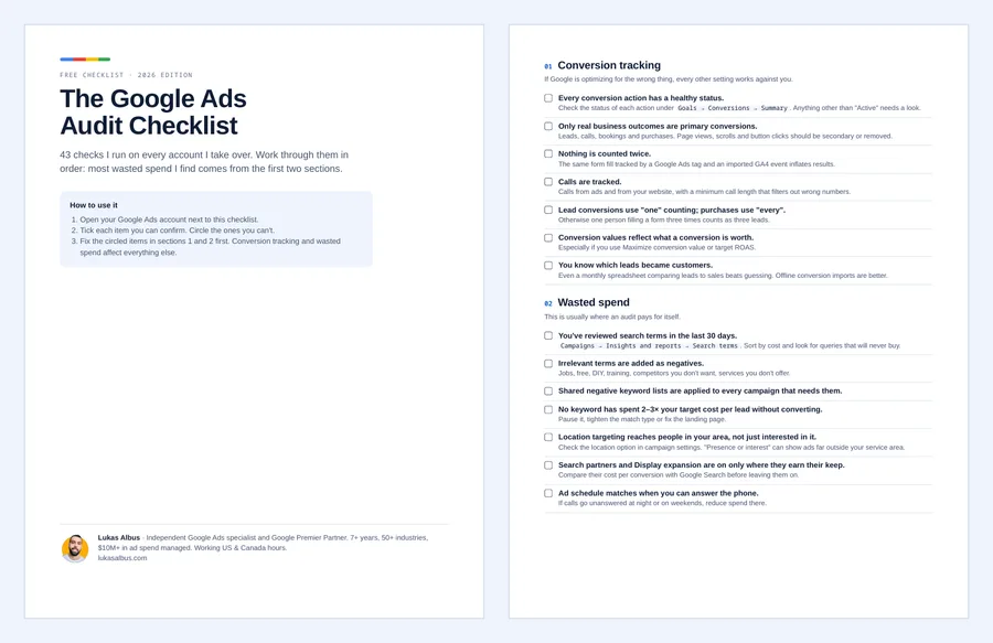 First pages of the Google Ads Audit Checklist PDF
